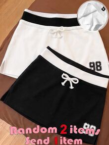 SHEIN 青少年女孩針織小波點內建內搭褲休閒抽繩裙 - 白色 - 查看 3