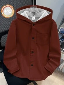 SHEIN 兒童小男孩休閒日常百搭舒適複合抓絨內裡連帽前開襟長袖中厚梭織外套，適合學校、花園、海灘、生日，春夏秋冬四季皆宜 - 酒紅色 - 查看 4
