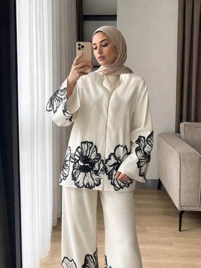 Solavon طقم نسائي كاجوال من قطعتين: قميص بأكمام طويلة وطبعة زهور مع بنطال، بصف أزرار واحد