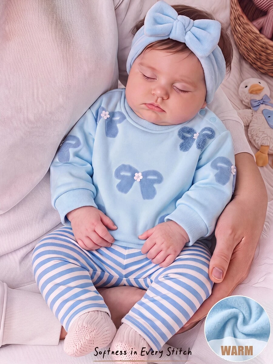 Cozy Pixies 新生兒嬰兒針織衛衣套裝，兒童印花藍色蝴蝶結圓領長袖上衣，條紋修身打底褲，柔軟舒適可愛風格，適合初秋與冬季穿著 - 藍色 - 查看 1