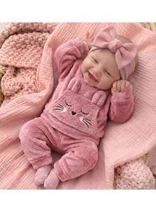 SHEIN Newborn Baby Girl Cartoon Embroidered 3D Ear Design Sweatshirt And Winter Autumn Pants Set - Pink - View 1