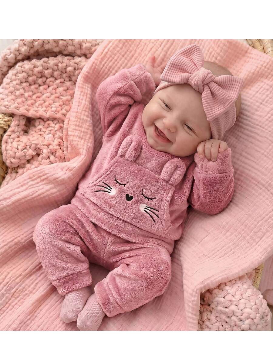 SHEIN Newborn Baby Girl Cartoon Embroidered 3D Ear Design Sweatshirt And Winter Autumn Pants Set - Pink - View 1