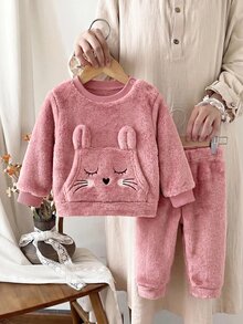SHEIN Newborn Baby Girl Cartoon Embroidered 3D Ear Design Sweatshirt And Winter Autumn Pants Set - Pink - View 5