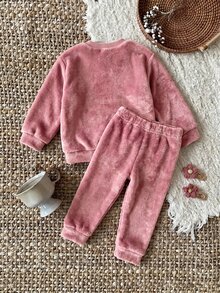 SHEIN Newborn Baby Girl Cartoon Embroidered 3D Ear Design Sweatshirt And Winter Autumn Pants Set - Pink - View 2
