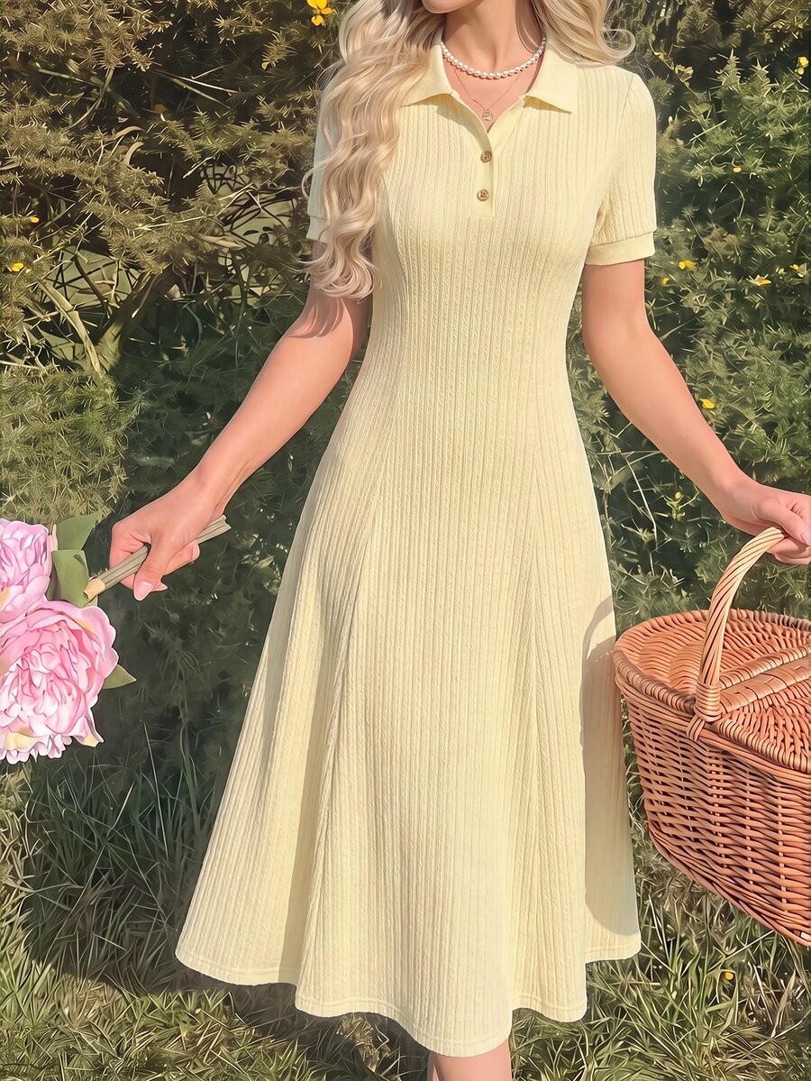 Vintamour 復古浪漫學院風優雅女款針織提花 Polo 領長洋裝,附口袋,休閒返校季早午餐野餐穿搭,淡黃色,2026 夏季 - 鵝黃色 - 查看 1