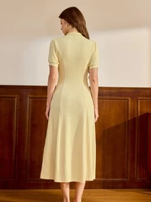 Vintamour 復古浪漫學院風優雅女款針織提花 Polo 領長洋裝，附口袋，休閒返校季早午餐野餐穿搭，淡黃色，2026 夏季 - 鵝黃色 - 查看 6