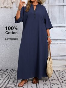 EMERY ROSE 大尺碼女款夏季休閒傳統度假鄉村風純色海軍藍3/4袖長洋裝，外出穿搭，海灘，飄逸洋裝，秋季 - 藏蓝色 - 查看 11