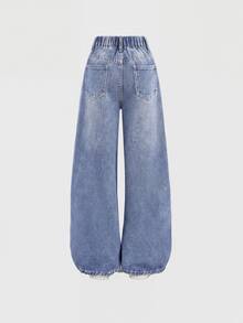 SHEIN 青少年女孩休閒水洗寬腿牛仔褲 - 淺色水洗藍 - 查看 2