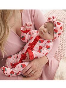SHEIN Newborn Baby Cute Knitted Casual Cartoon Pattern Romper & Headband Set - Baby Pink - View 1