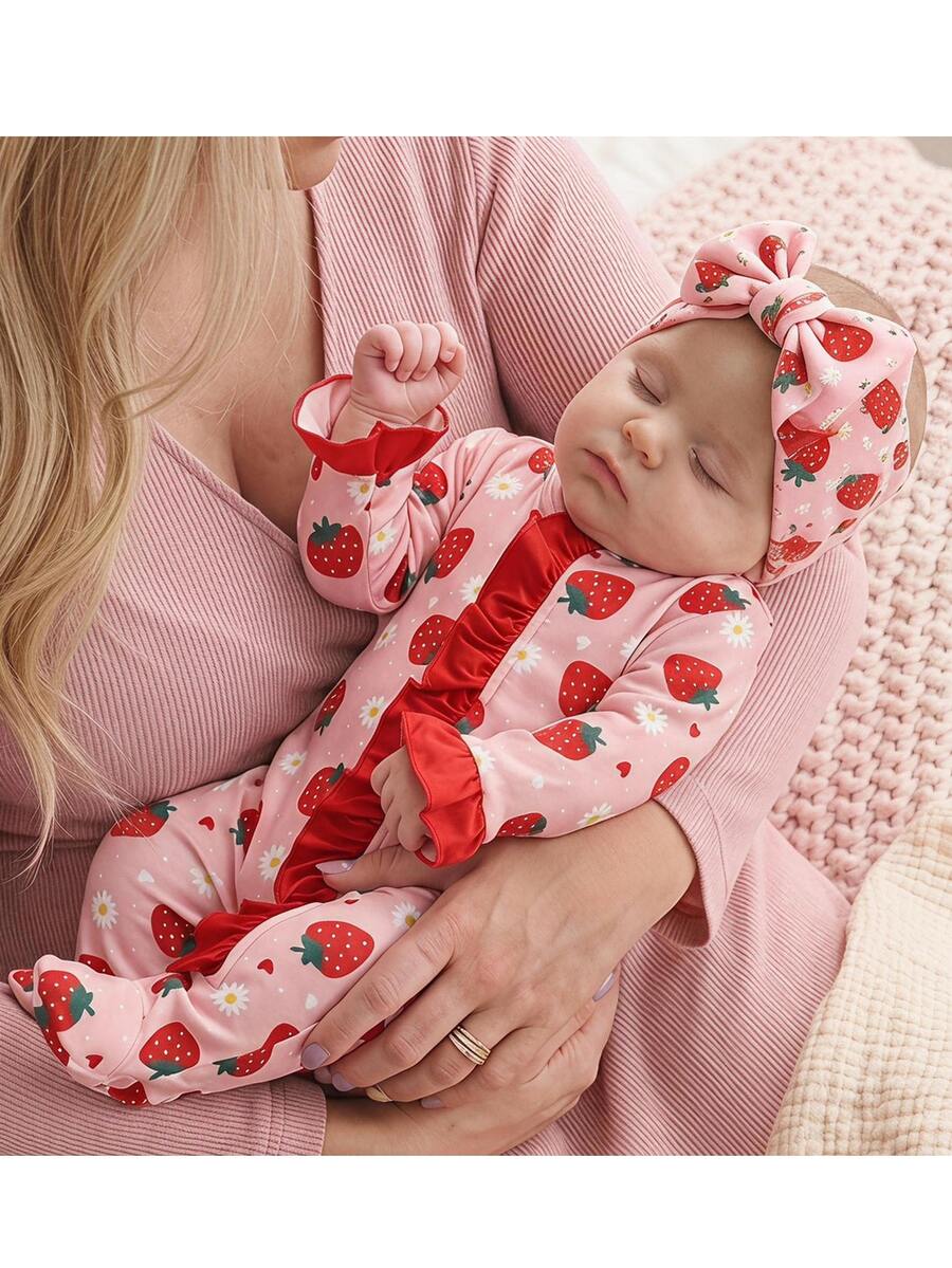 SHEIN Newborn Baby Cute Knitted Casual Cartoon Pattern Romper & Headband Set - Baby Pink - View 1