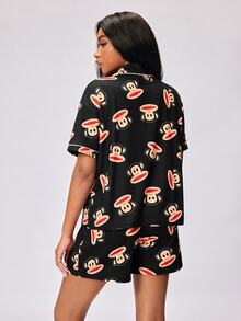 Paul Frank X SHEIN Women's Short Sleeve Single-Breasted Top And Shorts Pajama Set - Black - View 2