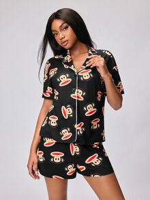 Paul Frank X SHEIN Women's Short Sleeve Single-Breasted Top And Shorts Pajama Set - Black - View 1