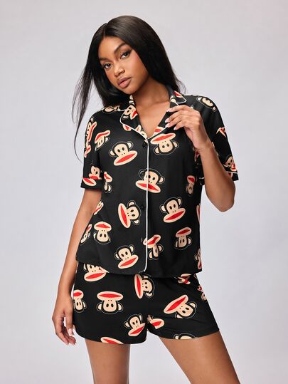 Paul Frank X SHEIN Women's Short Sleeve Single-Breasted Top And Shorts Pajama Set