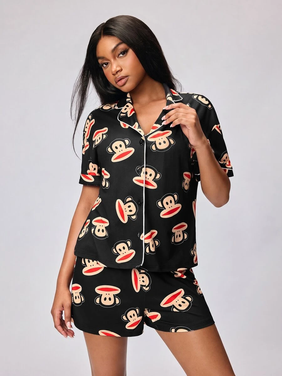 Paul Frank X SHEIN Women's Short Sleeve Single-Breasted Top And Shorts Pajama Set - Black - View 1