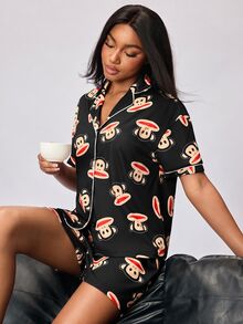 Paul Frank X SHEIN Women's Short Sleeve Single-Breasted Top And Shorts Pajama Set - Black - View 6