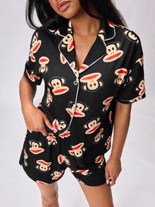 Paul Frank X SHEIN Women's Short Sleeve Single-Breasted Top And Shorts Pajama Set - Black - View 5
