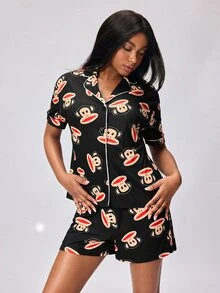 Paul Frank X SHEIN Women's Short Sleeve Single-Breasted Top And Shorts Pajama Set - Black - View 3