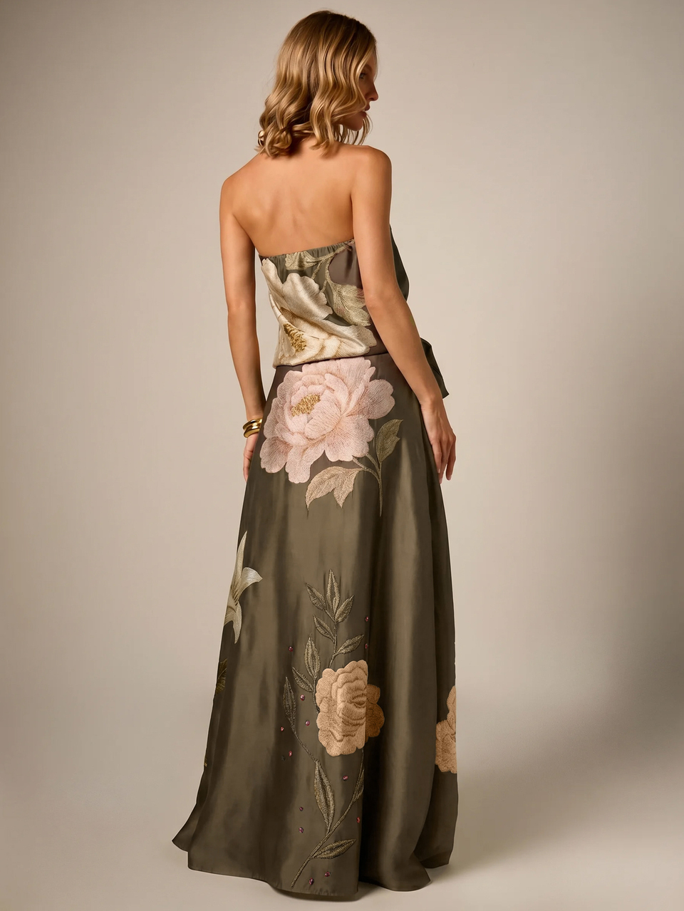 AiiRZ Embroidered Floral Maxi Skirt With Crystal Embellishments