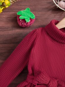 SHEIN 女嬰高領翻領收腰百褶連身長洋裝，彈性刷毛羅紋面料，適合冬季 - 酒紅色 - 查看 5