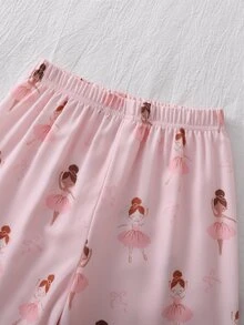 SHEIN 2件組少女睡衣套裝，可愛蝴蝶印花翻領開襟上衣搭配荷葉邊飾，梭織長袖上衣與長褲，春秋居家休閒睡衣套裝 - 粉色 - 查看 5