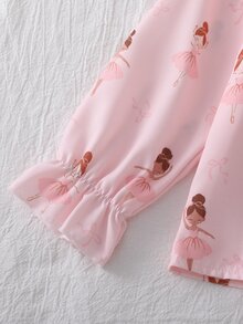 SHEIN 2件組少女睡衣套裝，可愛蝴蝶印花翻領開襟上衣搭配荷葉邊飾，梭織長袖上衣與長褲，春秋居家休閒睡衣套裝 - 粉色 - 查看 4