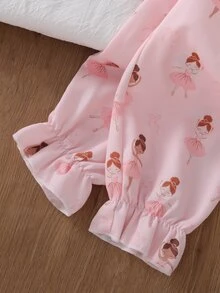 SHEIN 2件組少女睡衣套裝，可愛蝴蝶印花翻領開襟上衣搭配荷葉邊飾，梭織長袖上衣與長褲，春秋居家休閒睡衣套裝 - 粉色 - 查看 6