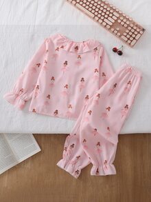SHEIN 2件組少女睡衣套裝，可愛蝴蝶印花翻領開襟上衣搭配荷葉邊飾，梭織長袖上衣與長褲，春秋居家休閒睡衣套裝 - 粉色 - 查看 2