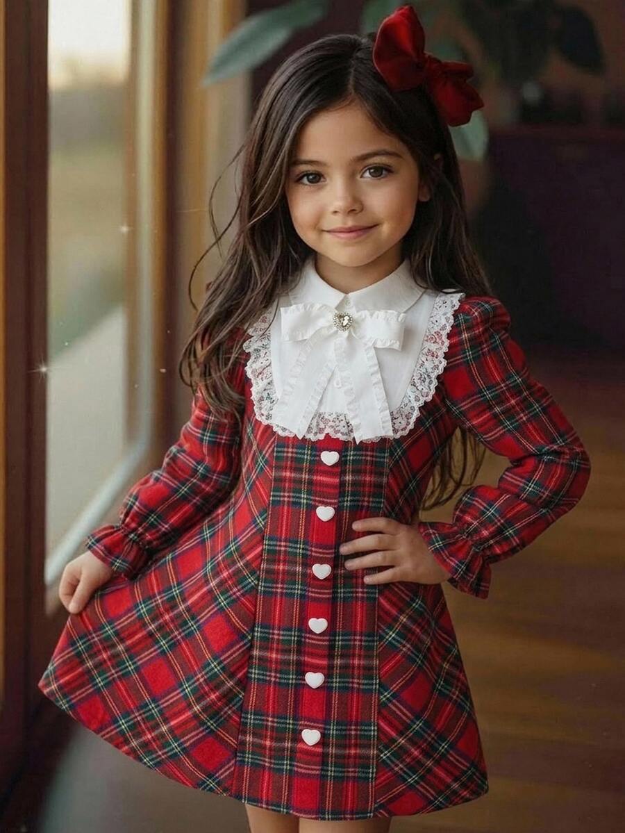 SHEIN Young Girl Plaid Lace Patchwork Bow Decor Dress - Multicolor - View 1