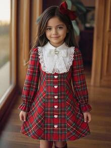 SHEIN Young Girl Plaid Lace Patchwork Bow Decor Dress - Multicolor - View 3