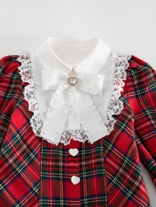 SHEIN Young Girl Plaid Lace Patchwork Bow Decor Dress - Multicolor - View 10