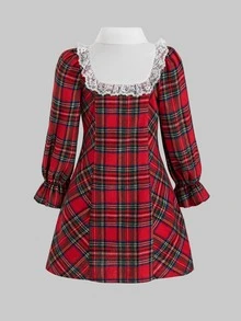 SHEIN Young Girl Plaid Lace Patchwork Bow Decor Dress - Multicolor - View 6