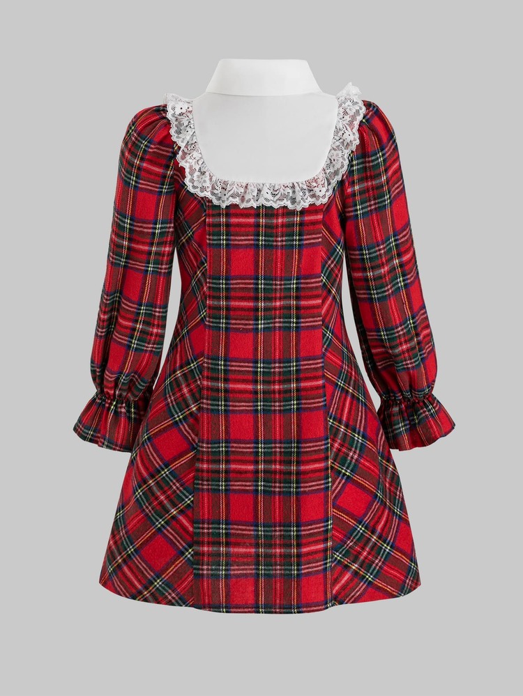 SHEIN Young Girl Plaid Lace Patchwork Bow Decor Dress - Multicolor - View 6
