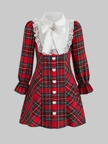 SHEIN Young Girl Plaid Lace Patchwork Bow Decor Dress - Multicolor - View 5