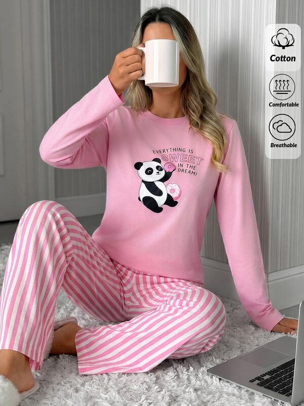 SHEIN Cotton Line Women Pink Sweet Panda Print Round Neck Long Sleeve Top Pink And White High Waist Comfy 2 Pcs Set Sleep Night Autumn Cute Casual