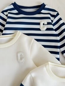SHEIN 3件組男嬰運動衫套頭衫 學院風可愛海軍藍條紋拼色字母貼布 長袖圓領加厚上衣 冬季秋季學校假期穿搭 - 藍色 - 查看 5