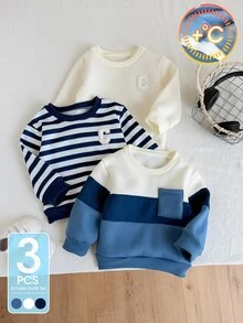 SHEIN 3件組男嬰運動衫套頭衫 學院風可愛海軍藍條紋拼色字母貼布 長袖圓領加厚上衣 冬季秋季學校假期穿搭 - 藍色 - 查看 1