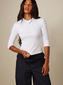 MISSGUIDED Ribbed Crop Top With Three Quarter Sleeves And Crew Neckline Fitted Stretch Knit Everyday Essential Spring Summer Layer - White - View 4