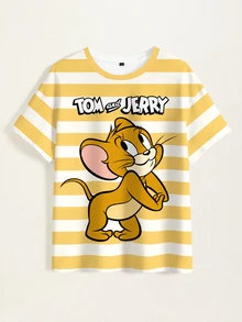 TOM & JERRY X SHEIN Plus Size Cartoon Print Striped Crew Neck T-Shirt - White - View 7