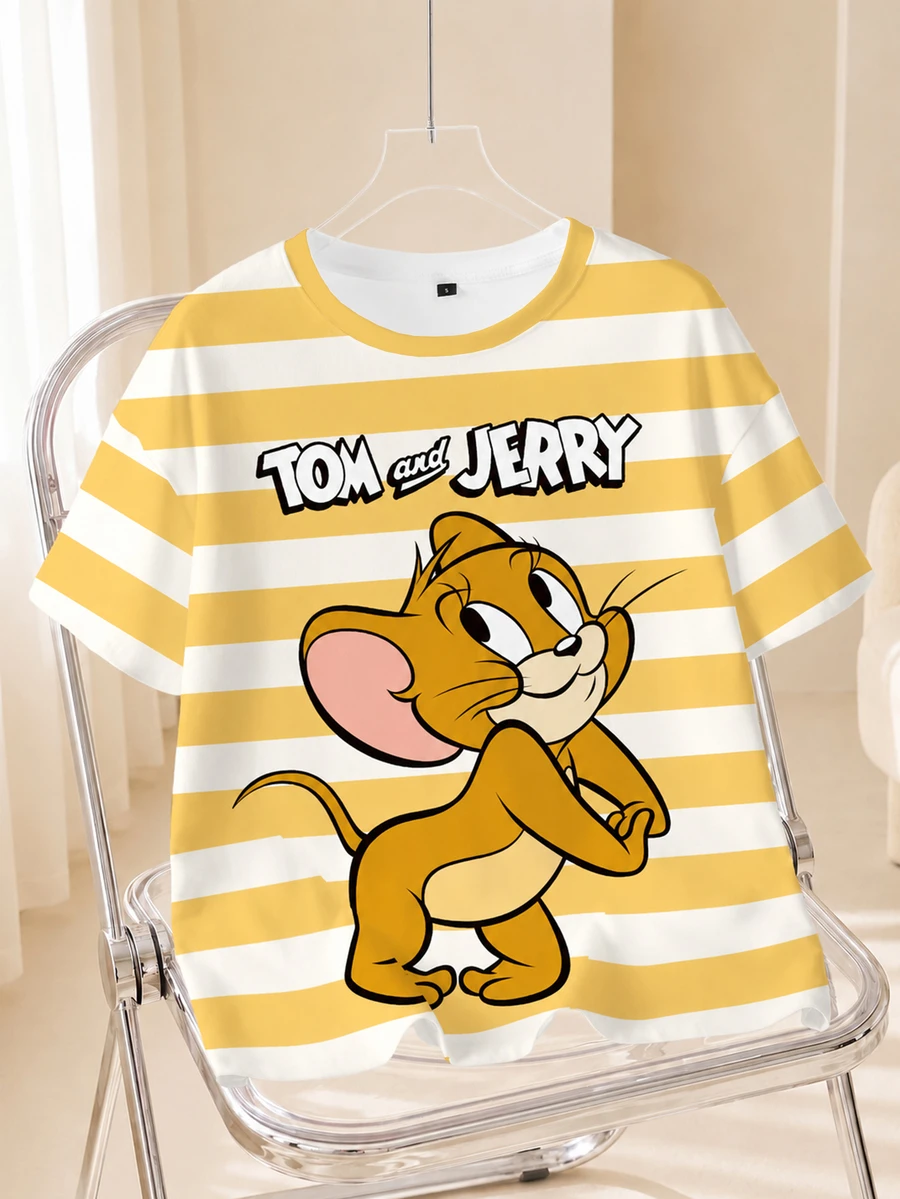 TOM & JERRY X SHEIN Plus Size Cartoon Print Striped Crew Neck T-Shirt - White - View 1