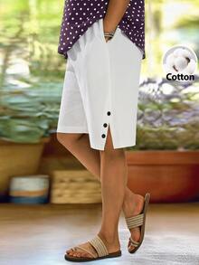 EMERY ROSE Plus Size Solid White Asymmetric Hem Casual Shorts With Pockets Spring Summer 2026 - White - View 2