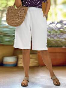 EMERY ROSE Plus Size Solid White Asymmetric Hem Casual Shorts With Pockets Spring Summer 2026 - White - View 5