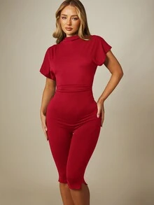 MISSGUIDED Mock Neck Capri Jumpsuit With Short Sleeves And Ruched Waist Detail - Bodycon Fitted Midi Length One-Piece - Burgundy - View 4