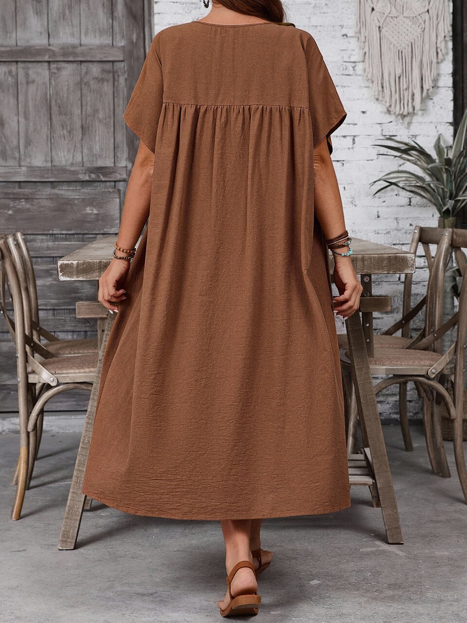 Women's Plus Size Chocolate Brown Batwing Sleeve Dress, Boho Traditional Vacation Holiday Style, Autumn Summer Casual Solid Color Outfits Formal
