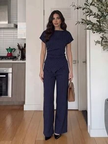 Firerie 女款優雅海軍藍白條紋兩件套，夏季辦公收腰不對稱下擺襯衫與寬腿褲，時尚商務套裝 - 藍白色 - 查看 1