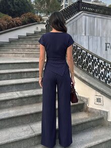 Firerie 女款優雅海軍藍白條紋兩件套，夏季辦公收腰不對稱下擺襯衫與寬腿褲，時尚商務套裝 - 藍白色 - 查看 2