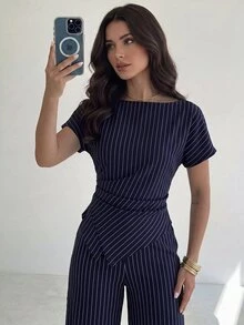Firerie 女款優雅海軍藍白條紋兩件套，夏季辦公收腰不對稱下擺襯衫與寬腿褲，時尚商務套裝 - 藍白色 - 查看 7