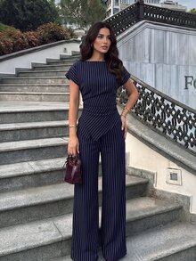 Firerie 女款優雅海軍藍白條紋兩件套，夏季辦公收腰不對稱下擺襯衫與寬腿褲，時尚商務套裝 - 藍白色 - 查看 4