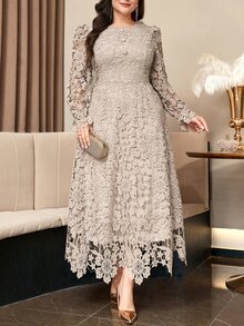 Reflora 大尺碼女款蕾絲優雅端莊收腰派對晚宴正式晚禮服 婚禮賓客禮服 灰色 秋季婚禮 - 卡其色 - 查看 1