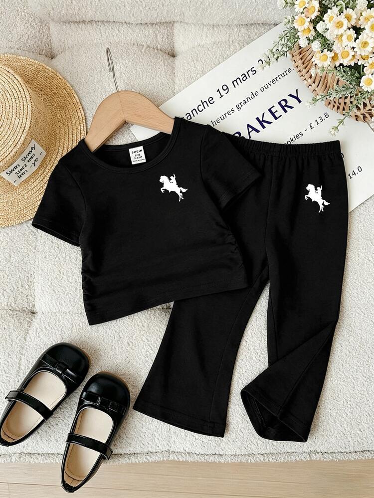 SHEIN Baby Girl Summer Casual Athletic Modest Old Money Graphic Horse Print Ruffle Side Round Neck Short Sleeve T-Shirt And Flare Pants Set Day Time Black - Multicolor - View 7