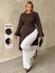 Auralis 秋季大尺碼圓領套頭上衣 喇叭長袖 腰部百褶不對稱下擺 優雅晚餐辦公室婚禮賓客休閒棕色 - 棕色 - 查看 3
